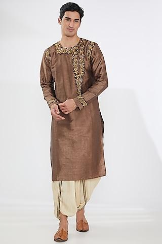 brown silk embroidered kurta set