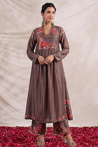 brown silk floral printed & embroidered kurta set