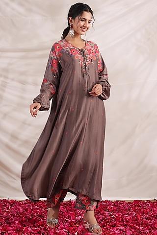 brown silk floral printed & embroidered kurta set
