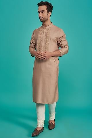 brown silk hand embroidered kurta set