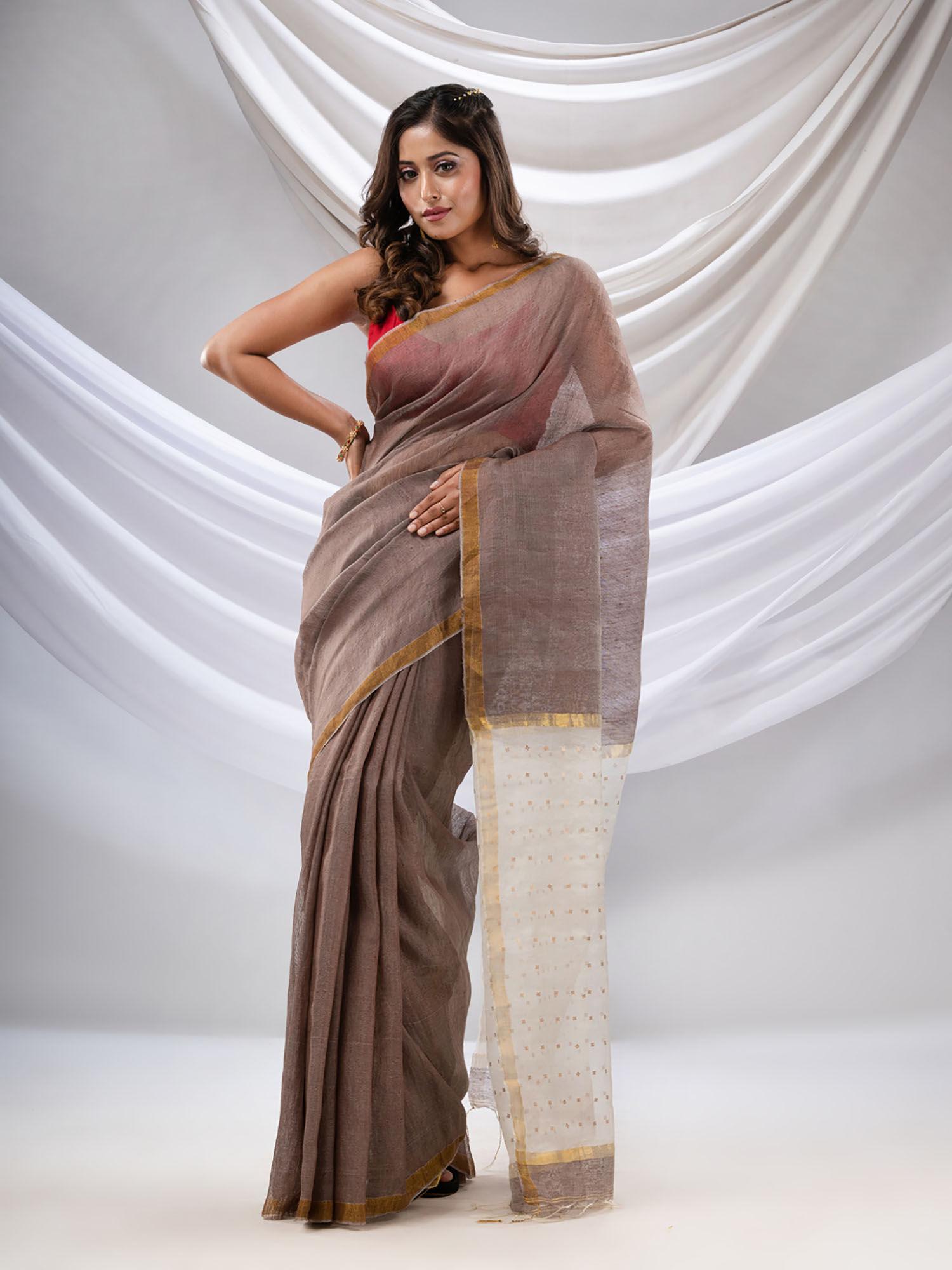 brown silk linen handwoven soft saree with resham pallu with unstitched blouse