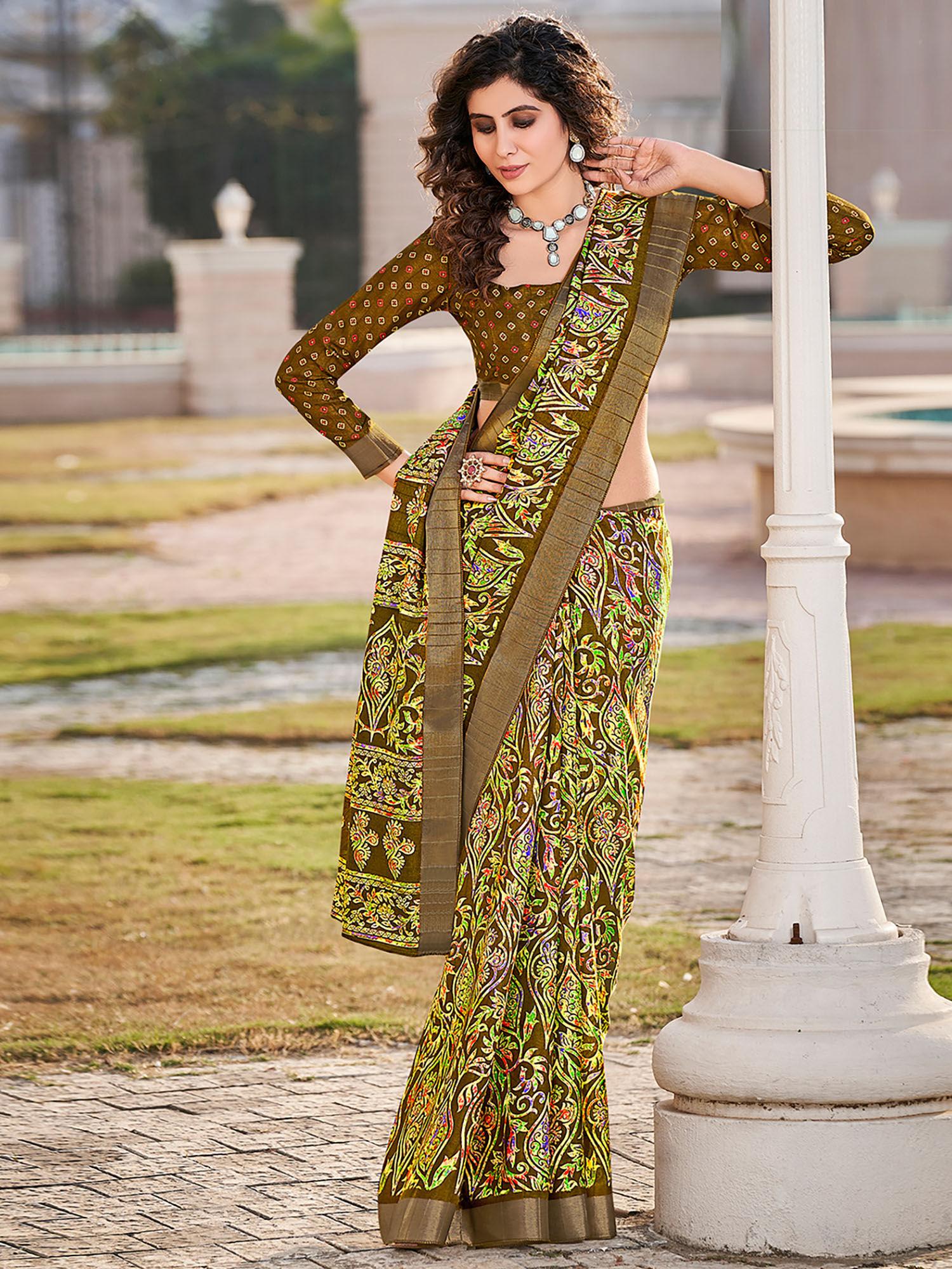 brown silk paisley zari bordered printed saree with unstitched blouse