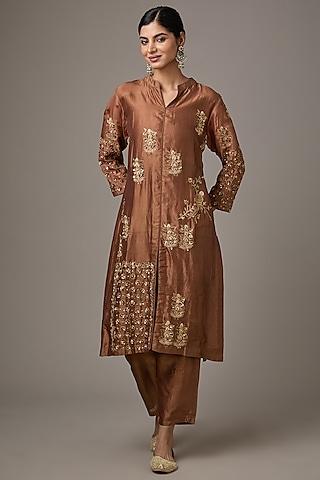 brown silk sequins embroidered kurta set