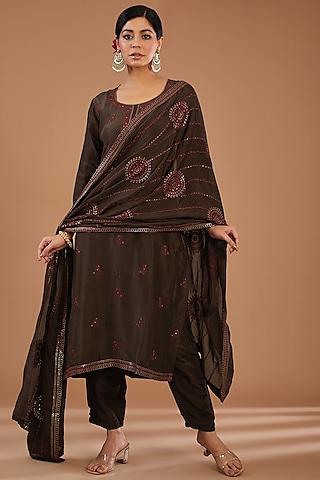 brown silk thread work kurta set