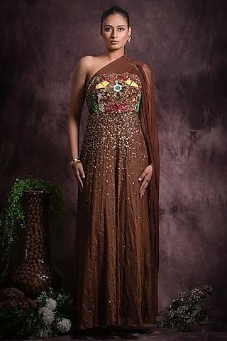 brown silk tissue & tulle embroidered one-shoulder dress