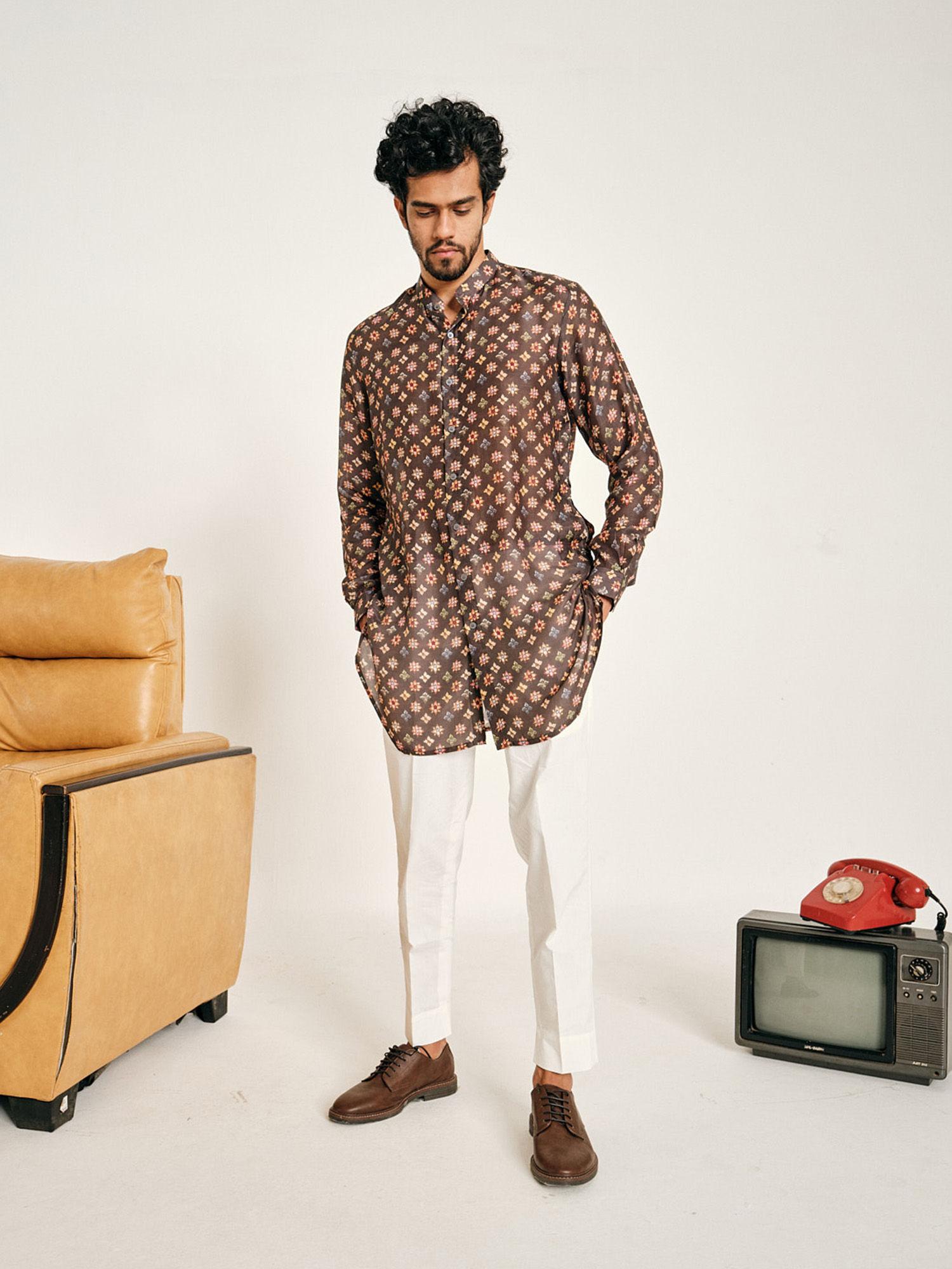 brown sitara malai cotton kurta with pajama (set of 2)
