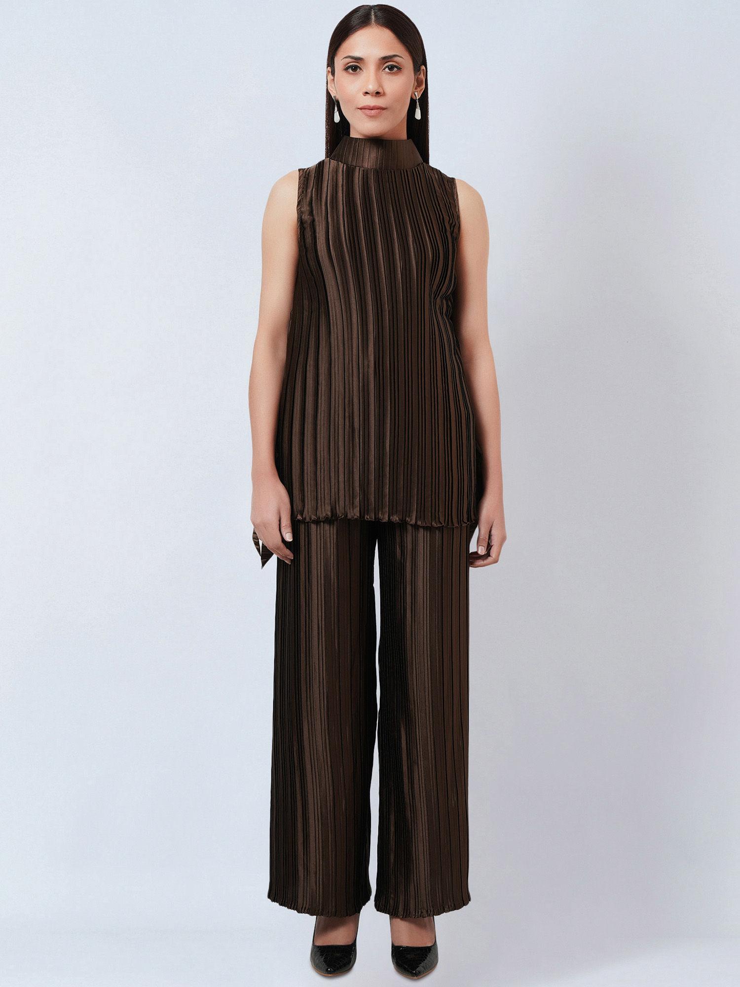 brown sleeveless & box pleated palazzo co-ord (set of 2)