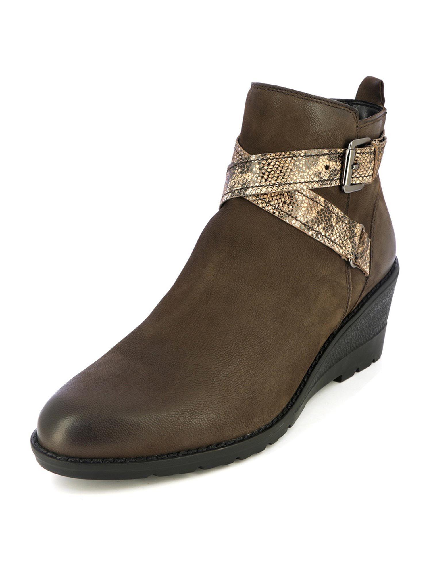 brown snake print wedge ankle boots