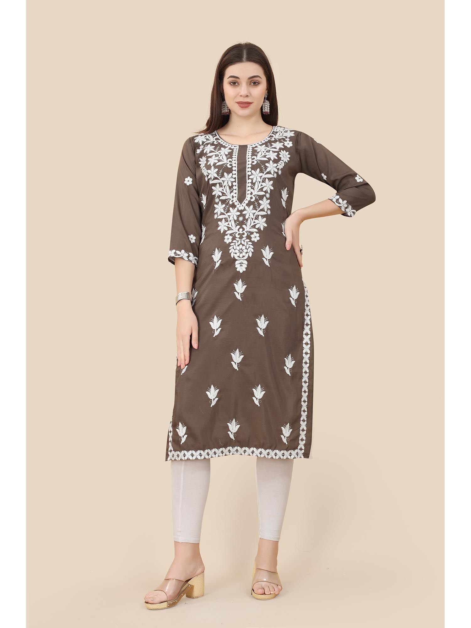 brown soft chinnon embroidery work straight kurta