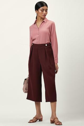 brown solid calf-length formal women regular fit trouser
