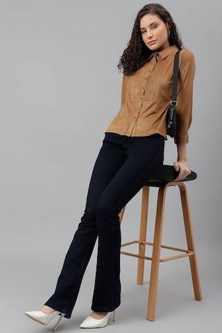 brown solid casual 3/4th sleeves regular collar women regular fit  shirt