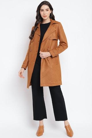 brown solid casual full sleeves regular collar women classic fit coat