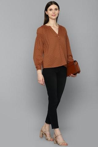 brown solid casual full sleeves v neck women regular fit top