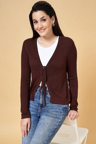 brown solid casual full sleeves v neck women slim fit  cardigan