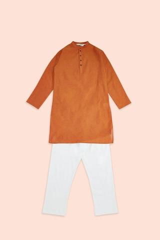 brown solid casual mandarin full sleeves thigh-length boys regular fit pant kurta set