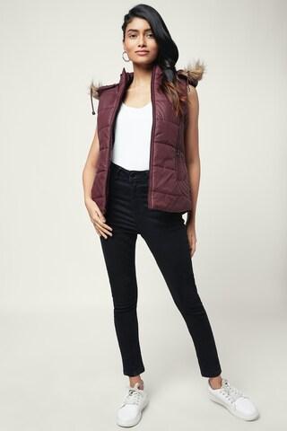 brown solid casual sleeveless high neck women regular fit jacket