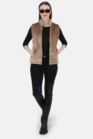 brown solid casual sleeveless high neck women regular fit jackets