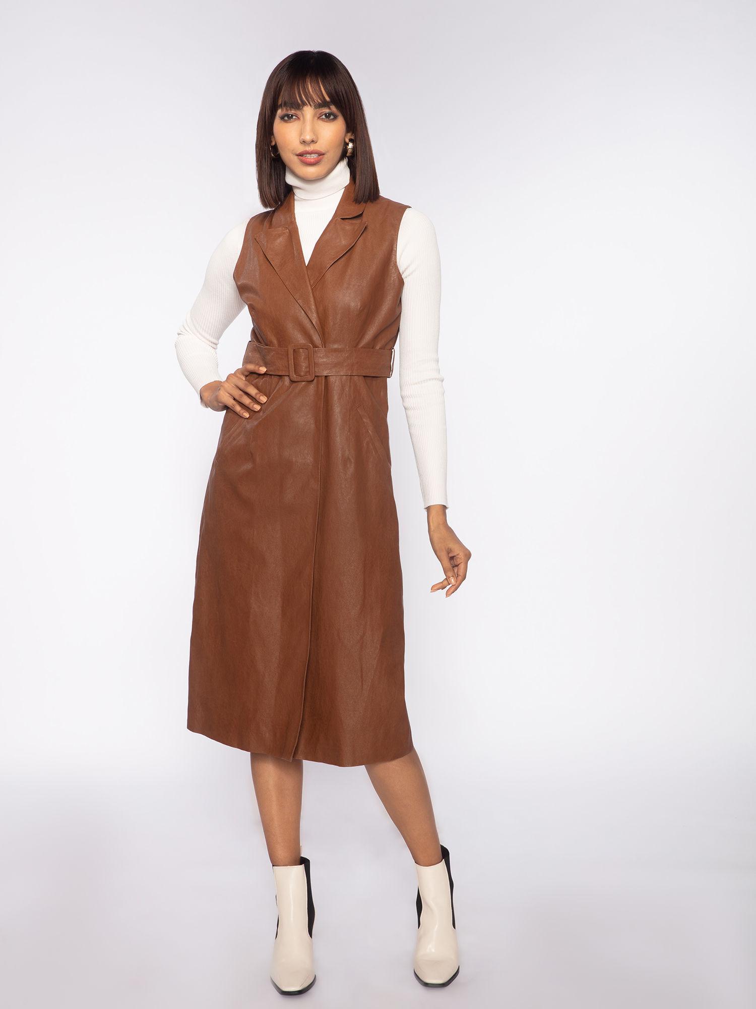 brown solid collared leather jacket