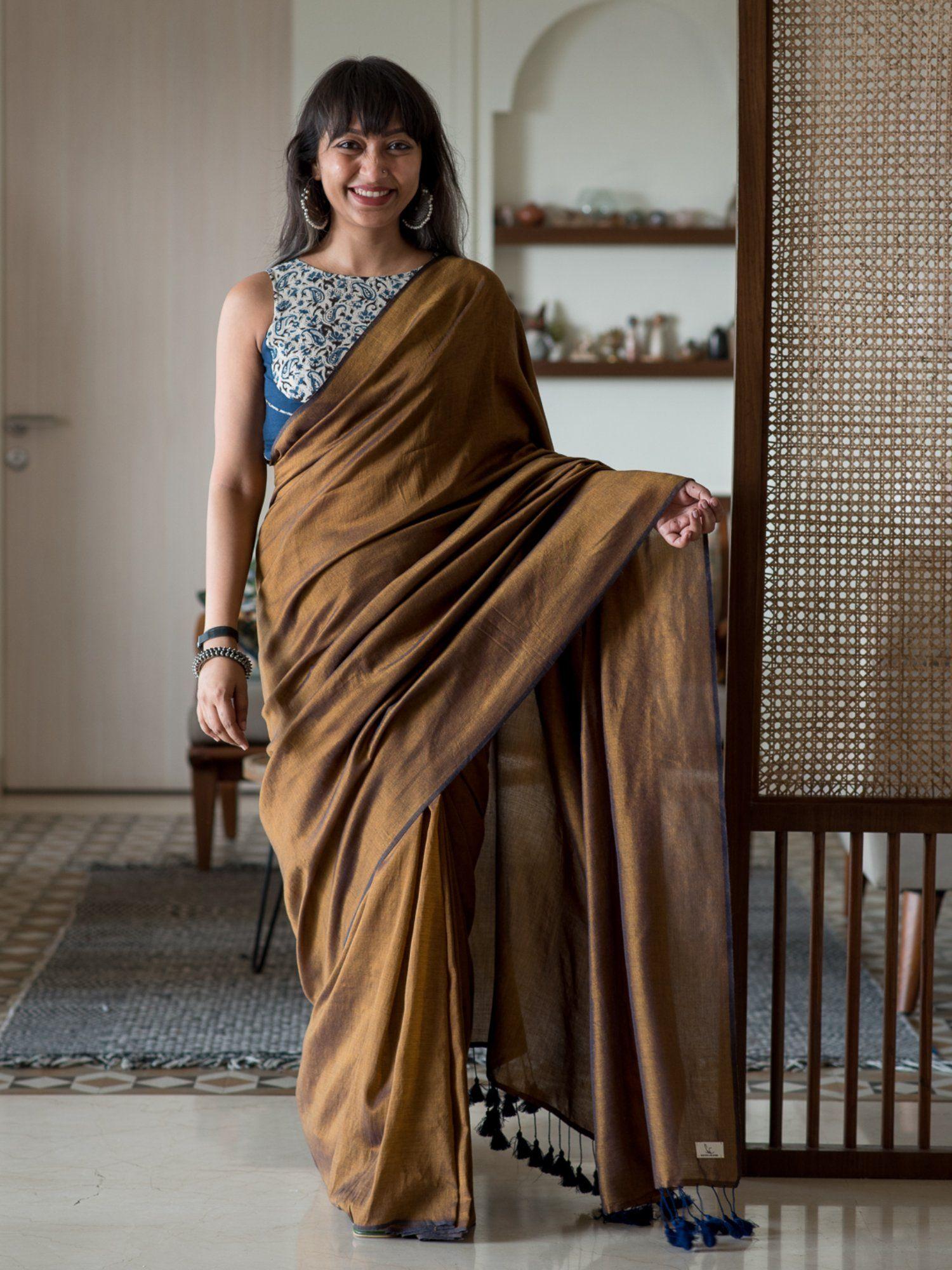 brown solid cotton blend saree without blouse