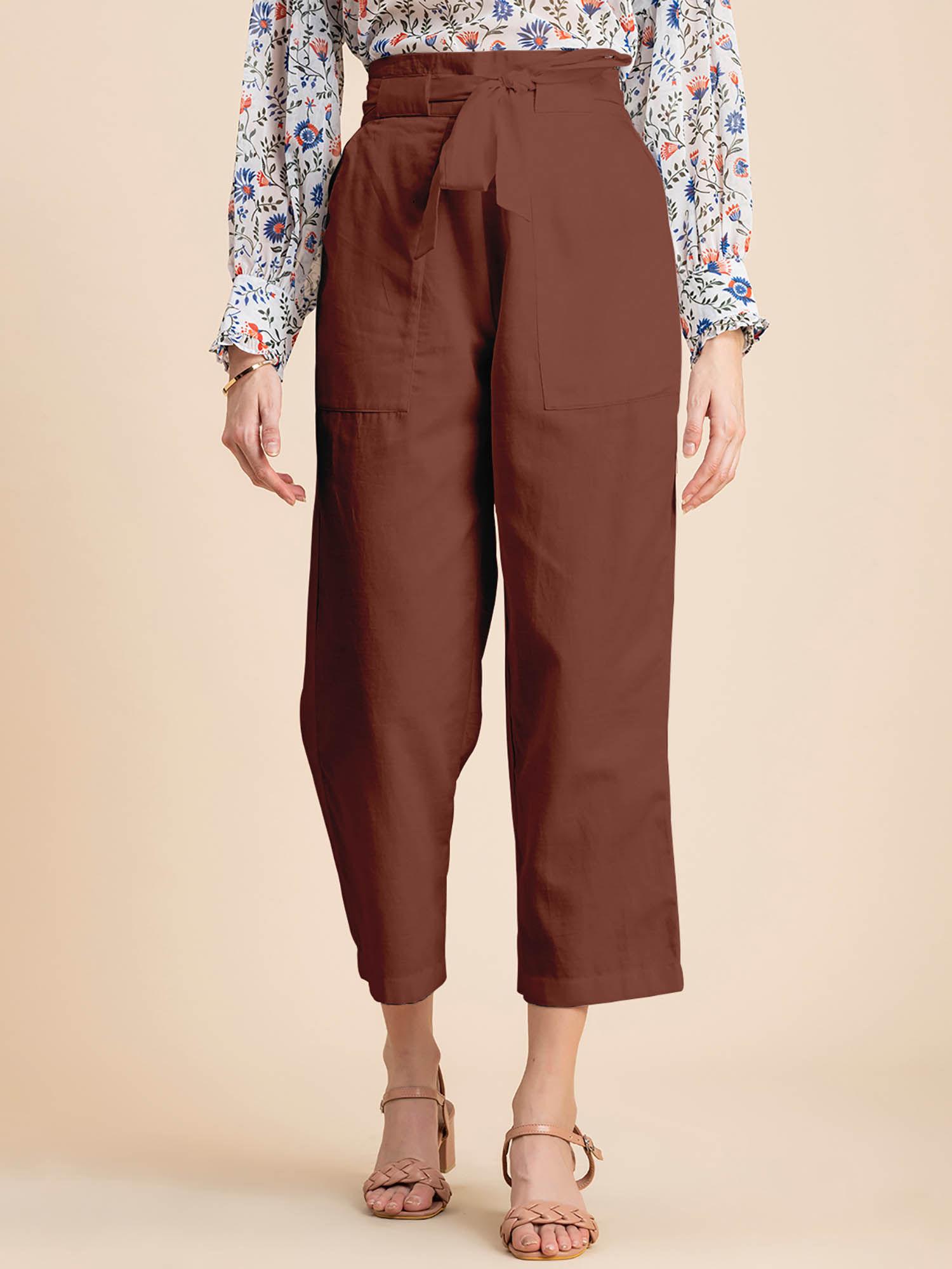 brown solid cotton trouser