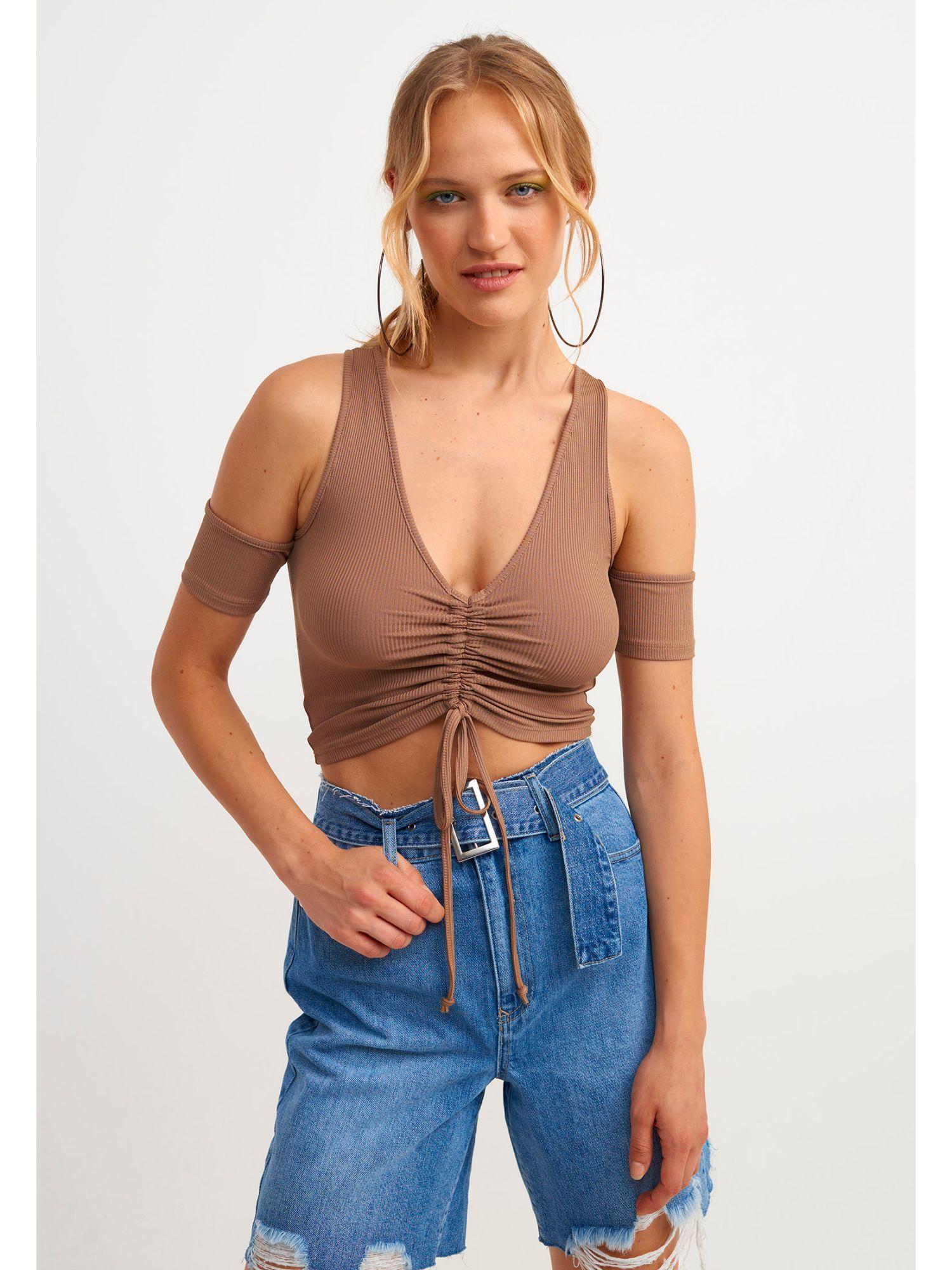 brown solid crop top