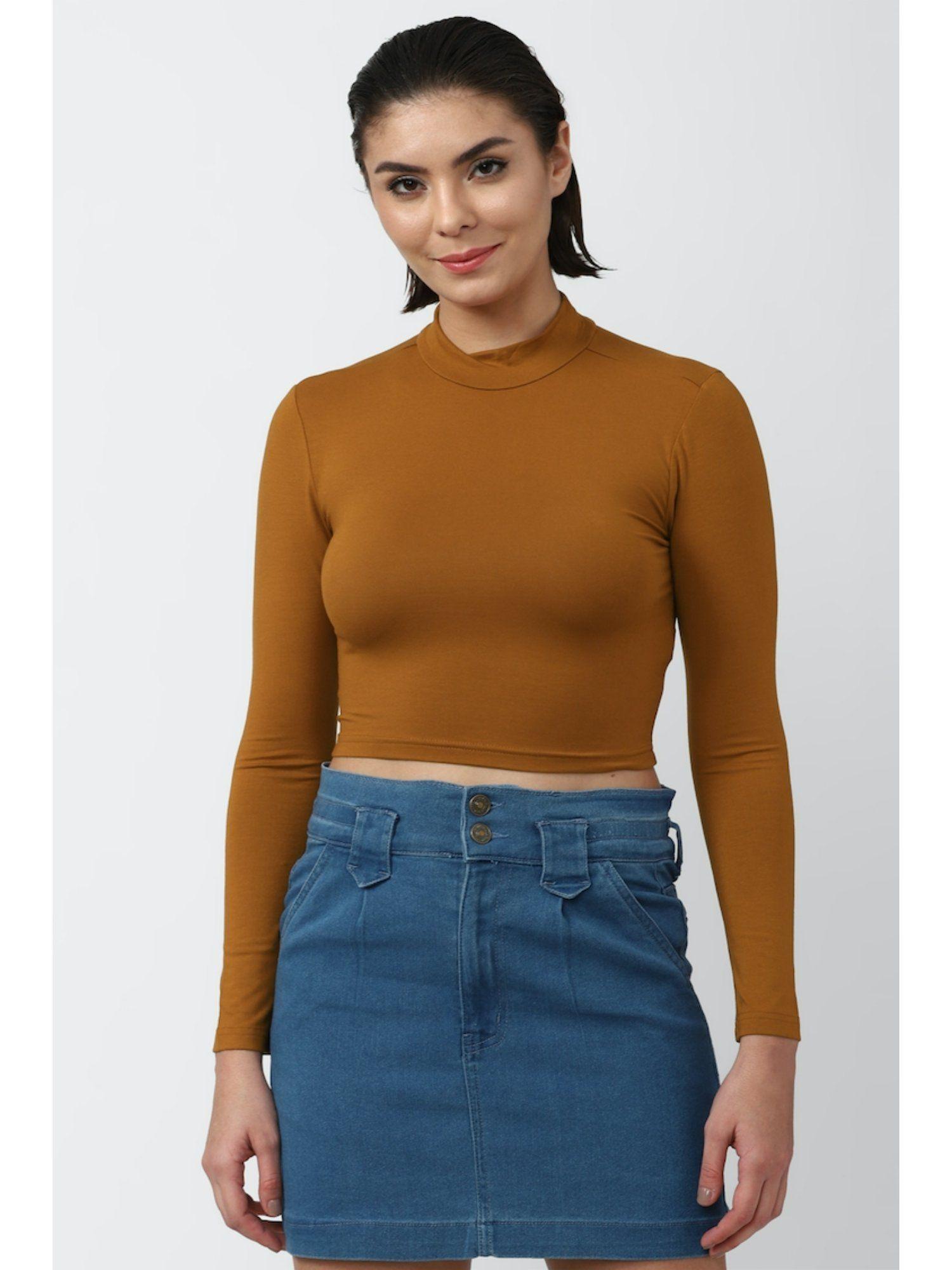 brown solid crop top