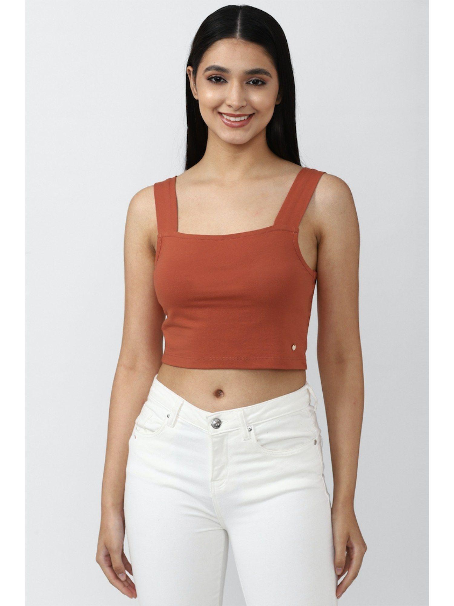 brown solid crop tops