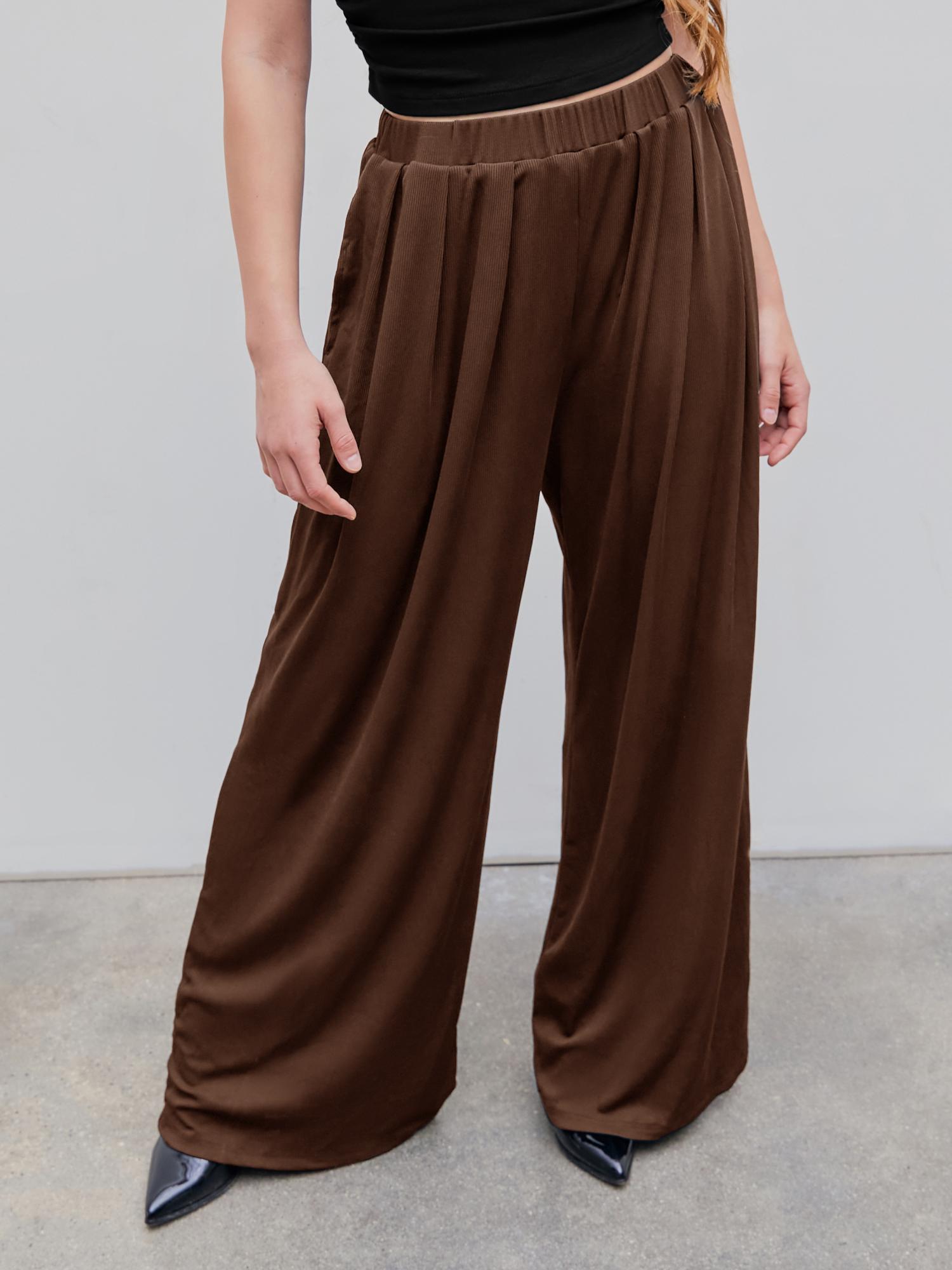 brown solid elastic waist wide leg pant