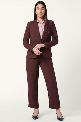 brown solid formal full sleeves lapel collar women regular fit blazer