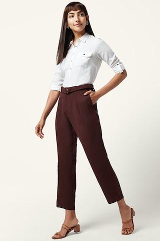 brown solid full length high rise formal women comfort fit trousers