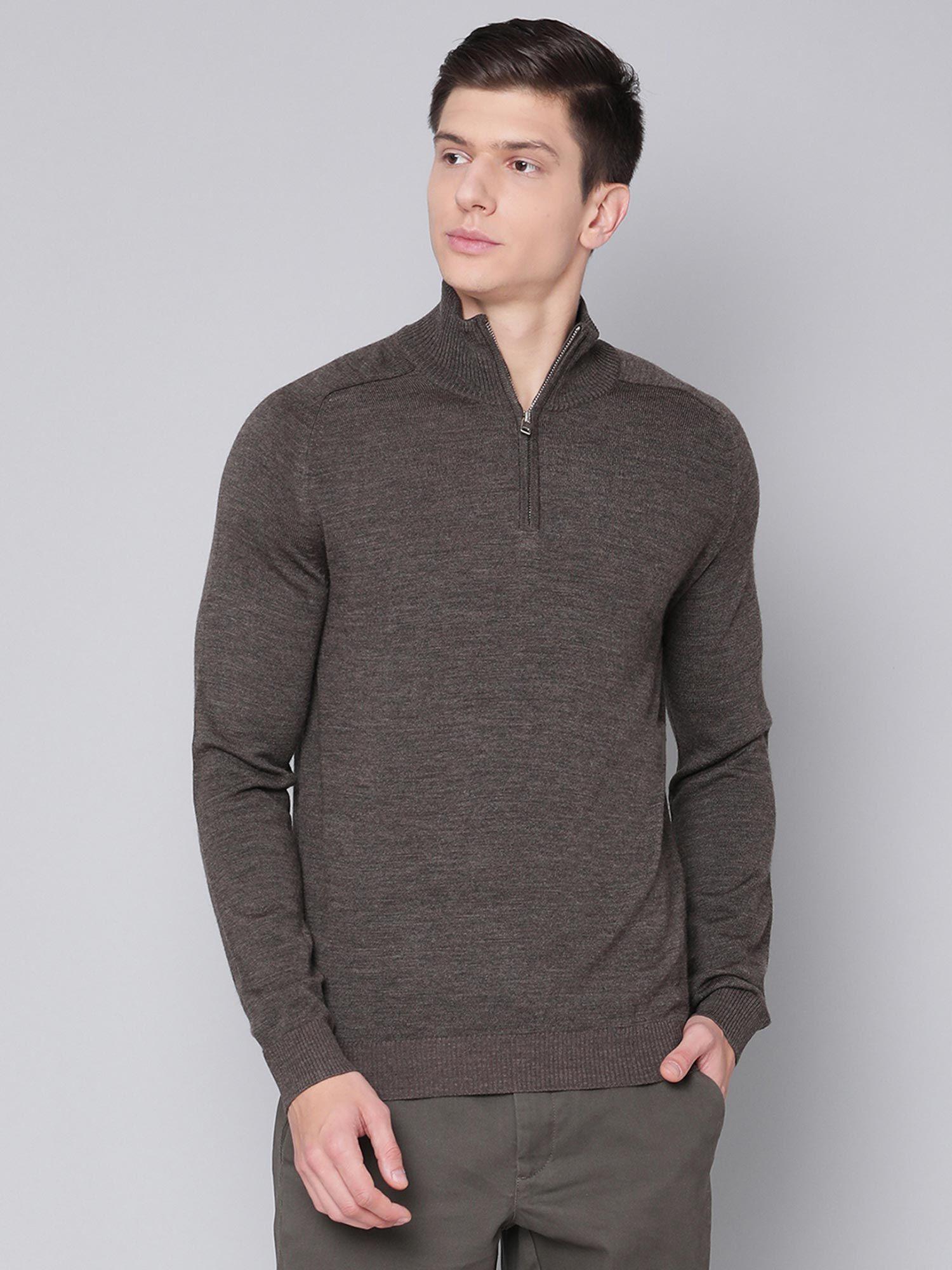 brown solid half zip sweater
