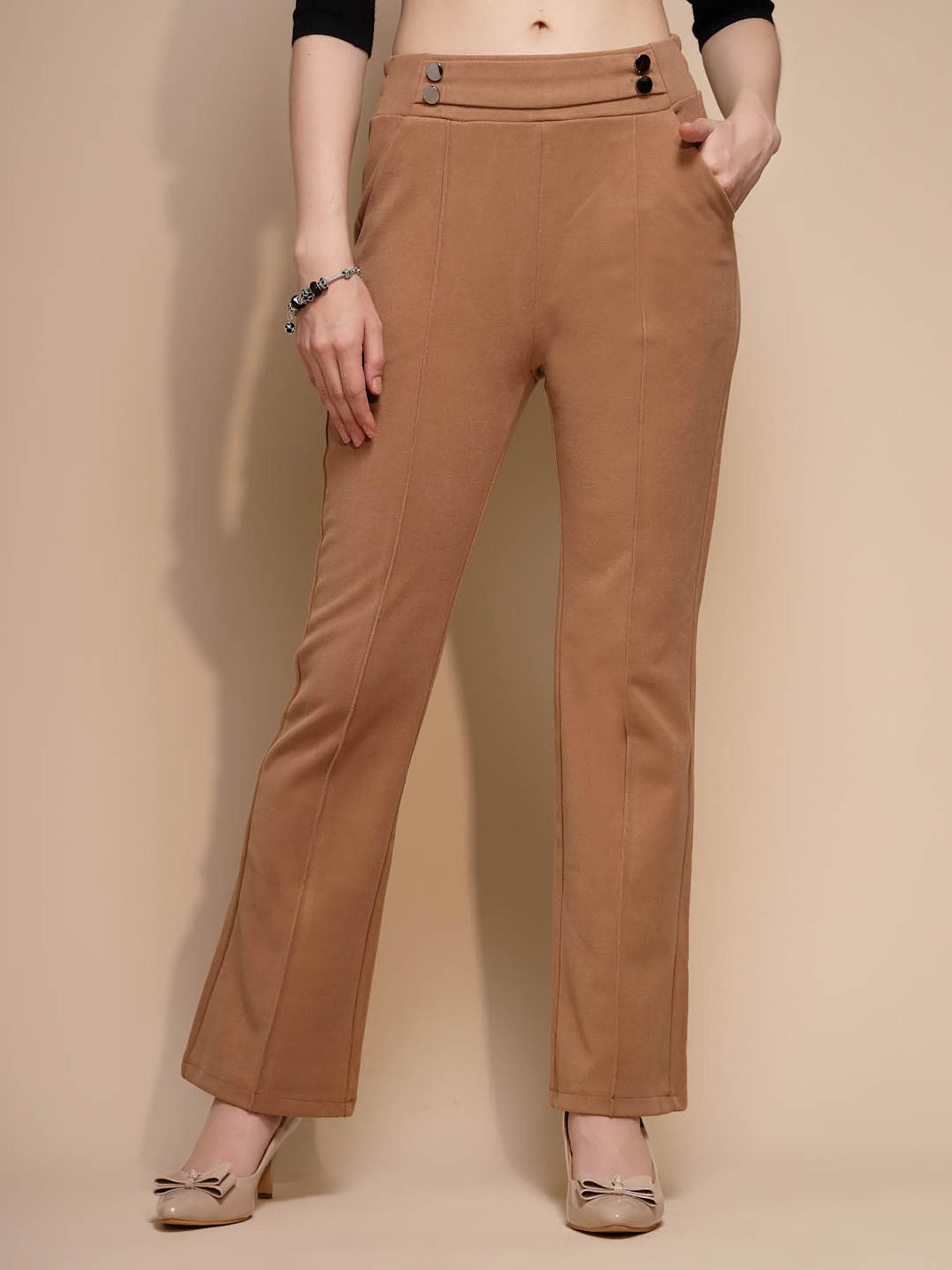 brown solid high waist polyester trousers