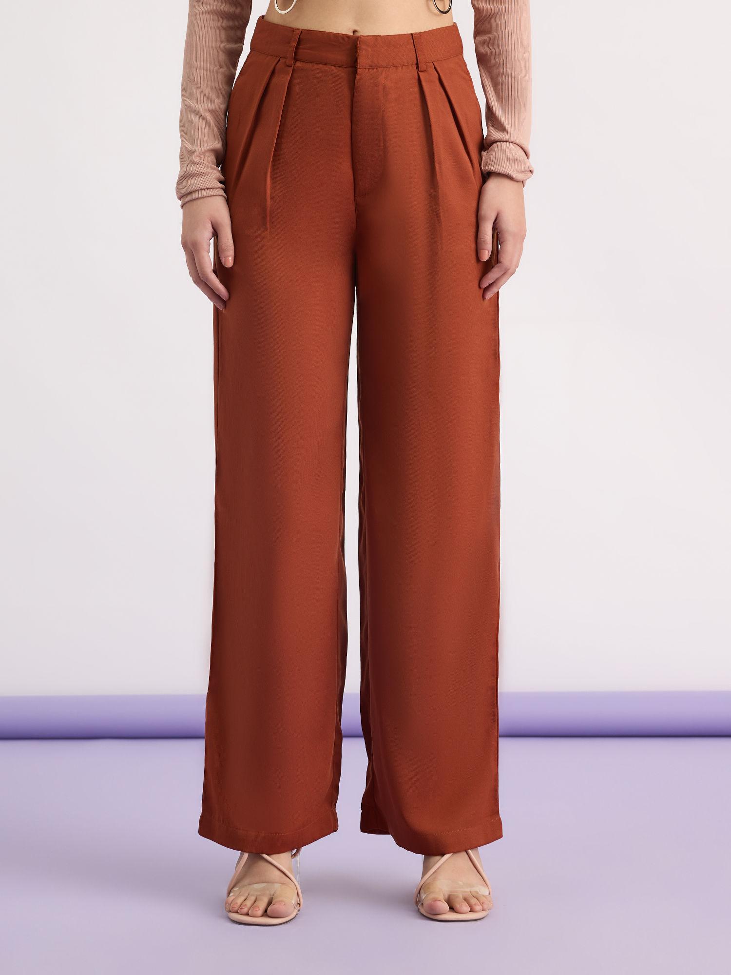 brown solid high waist straight fit korean pants