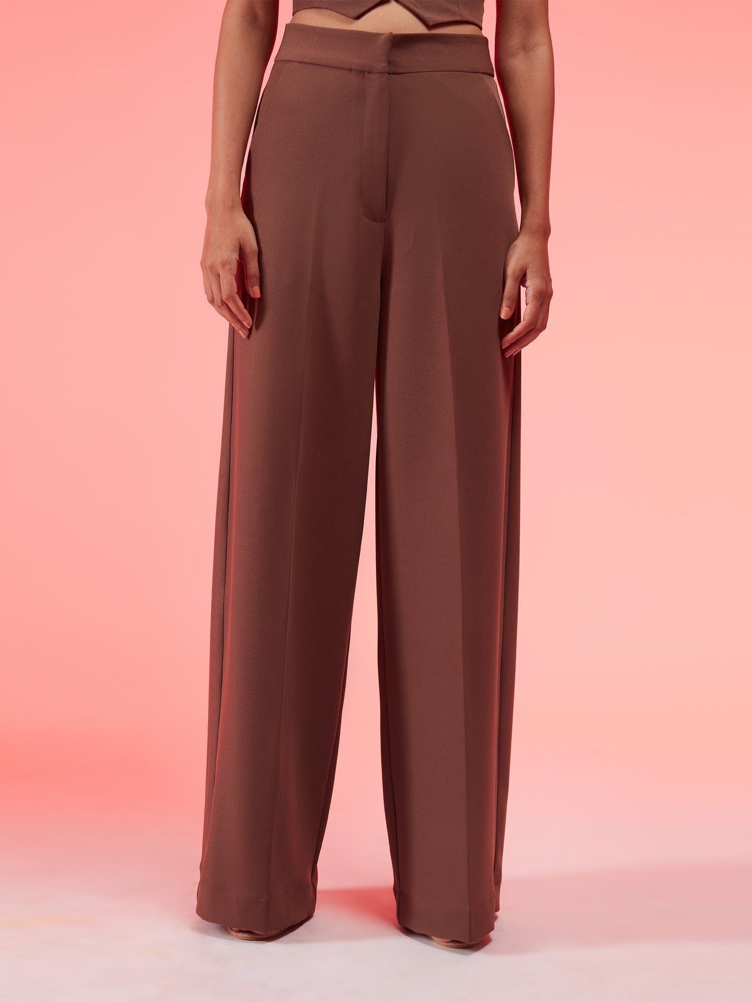 brown solid high waist wide leg trousers