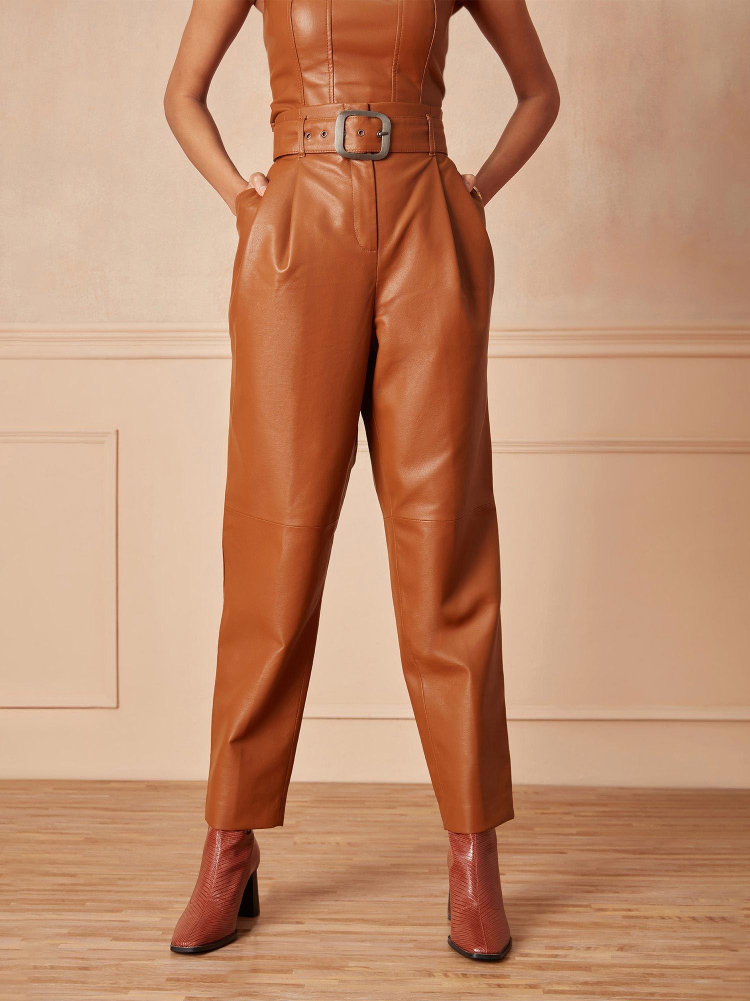 brown solid high waisted faux leather pants