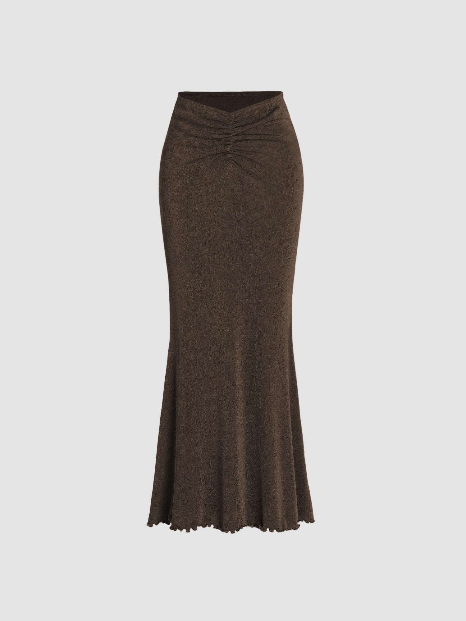 brown solid lettuce hem mermaid maxi skirt