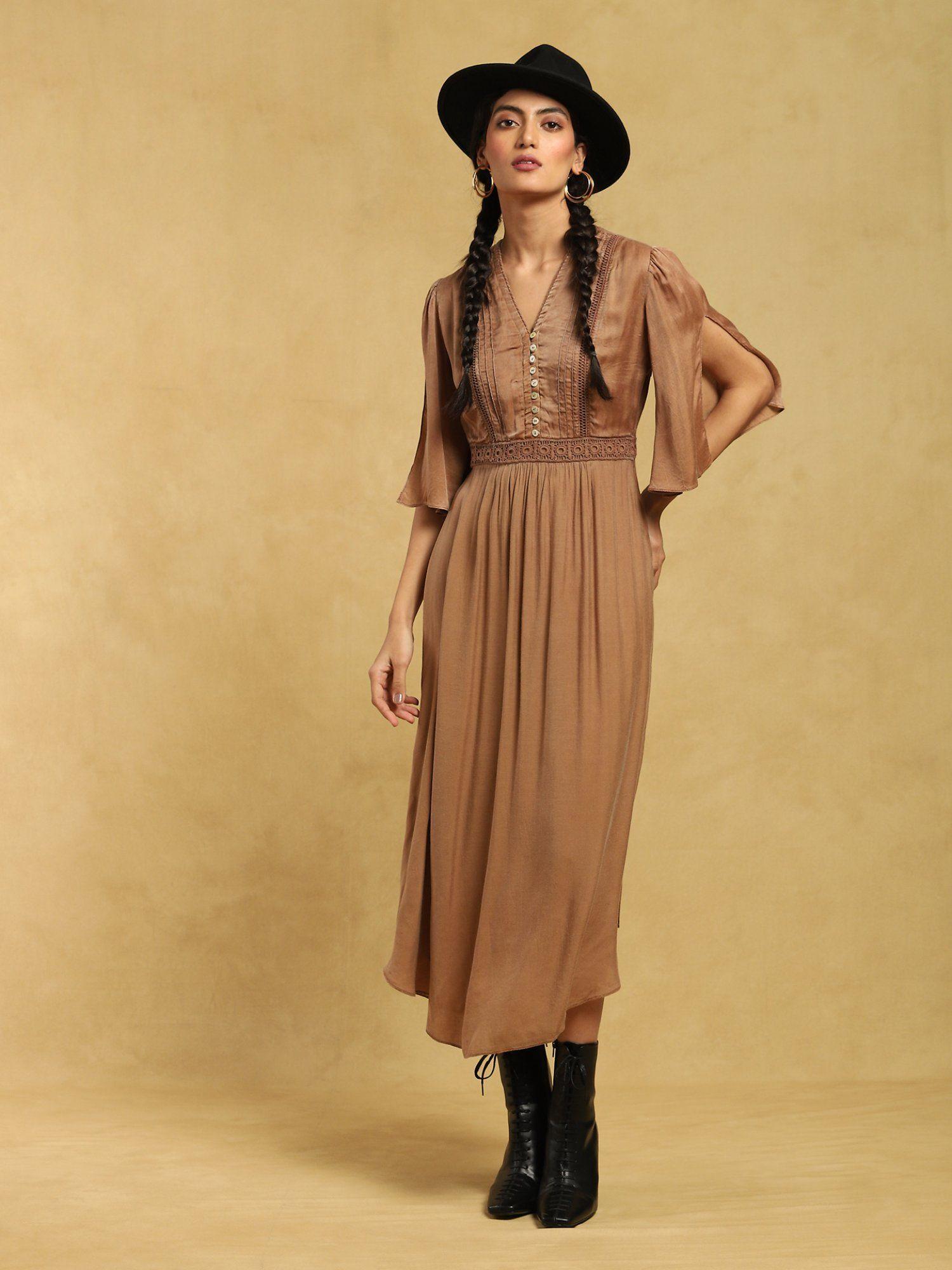 brown solid long dress with pintuck detail