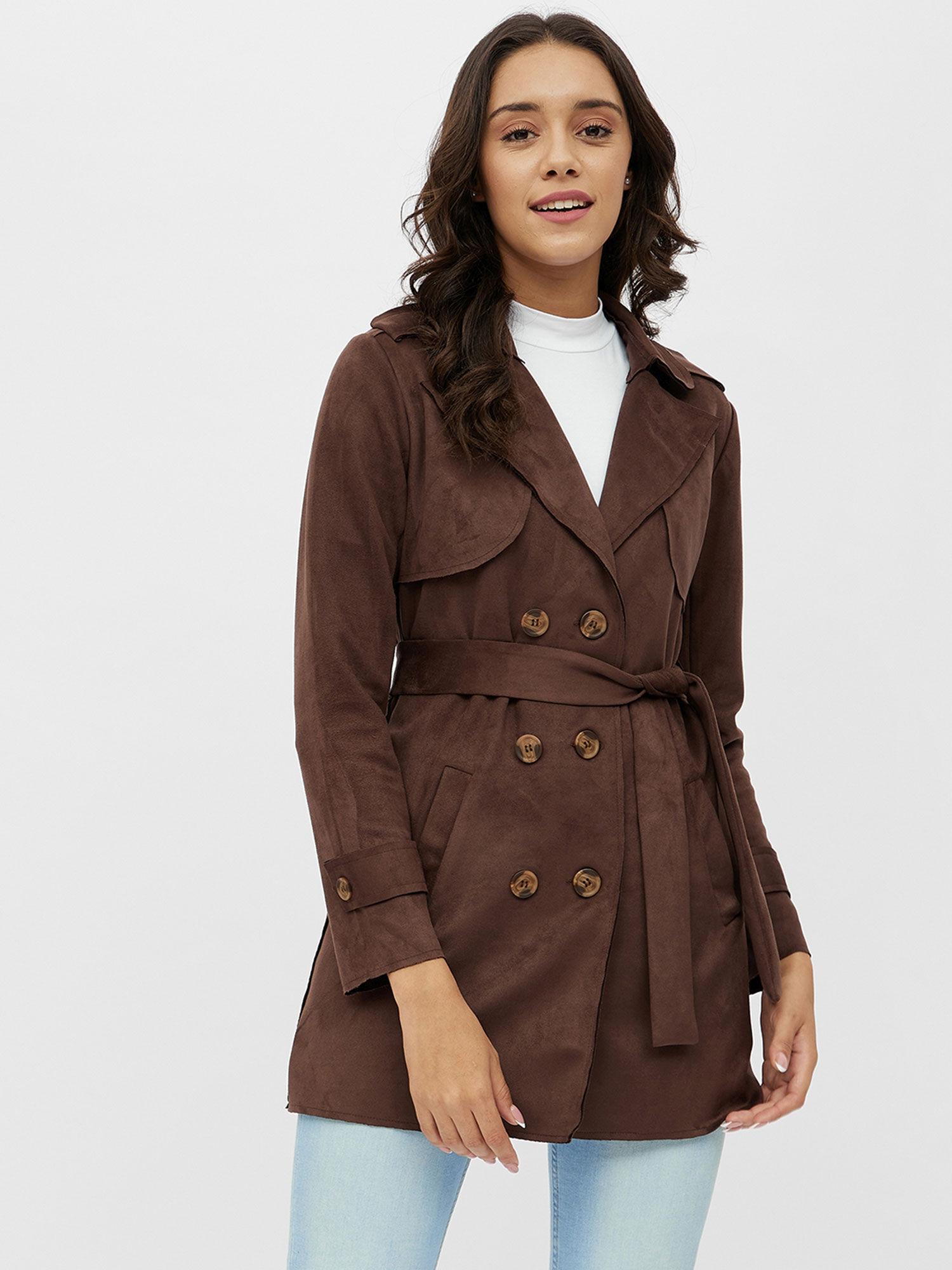 brown solid long sleeve jacket with belt