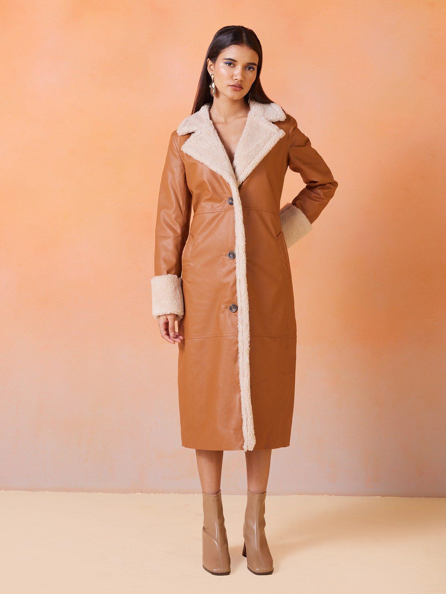 brown solid longline faux leather overcoat