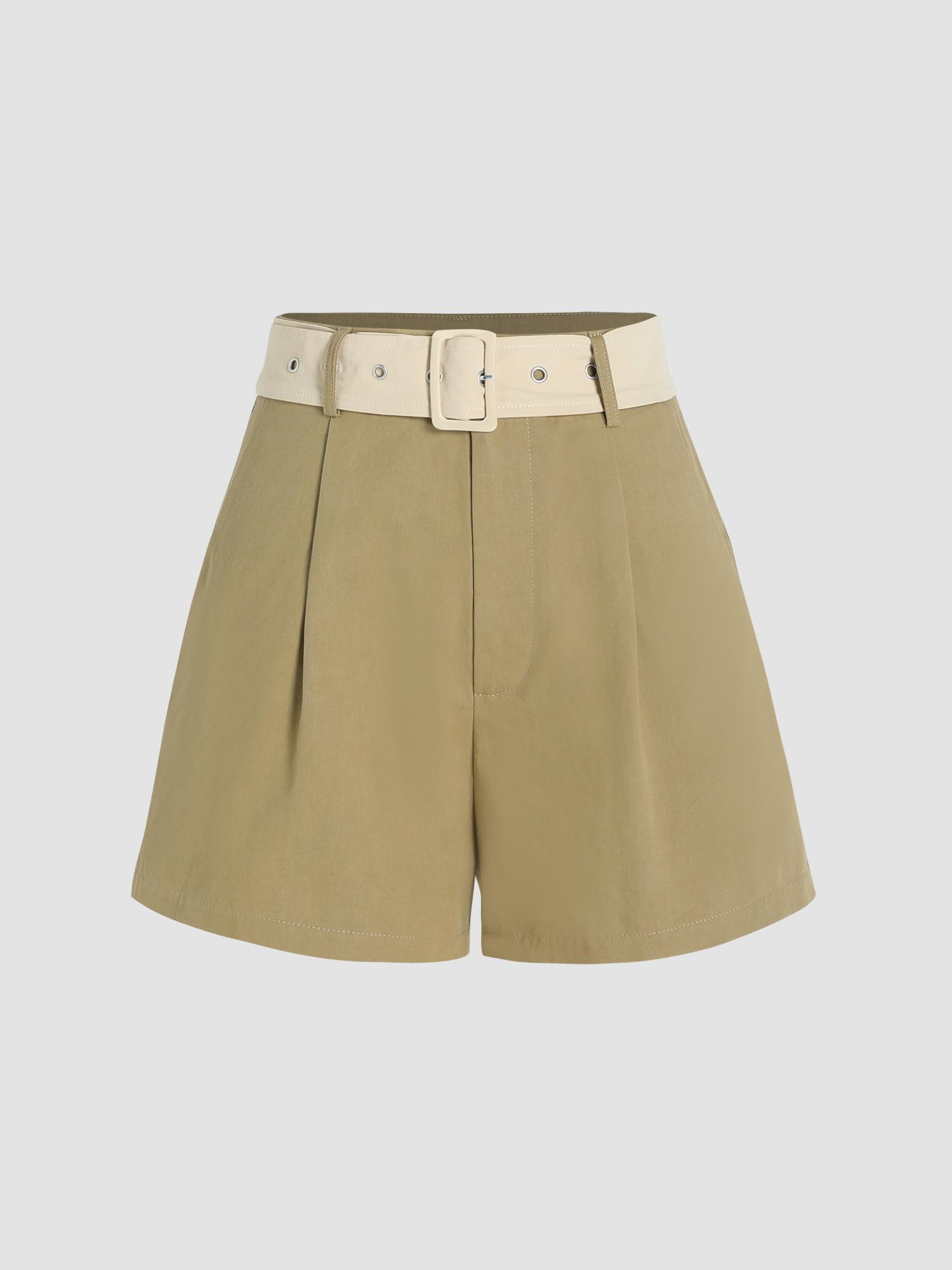 brown solid mini shorts with belt (set of 2)