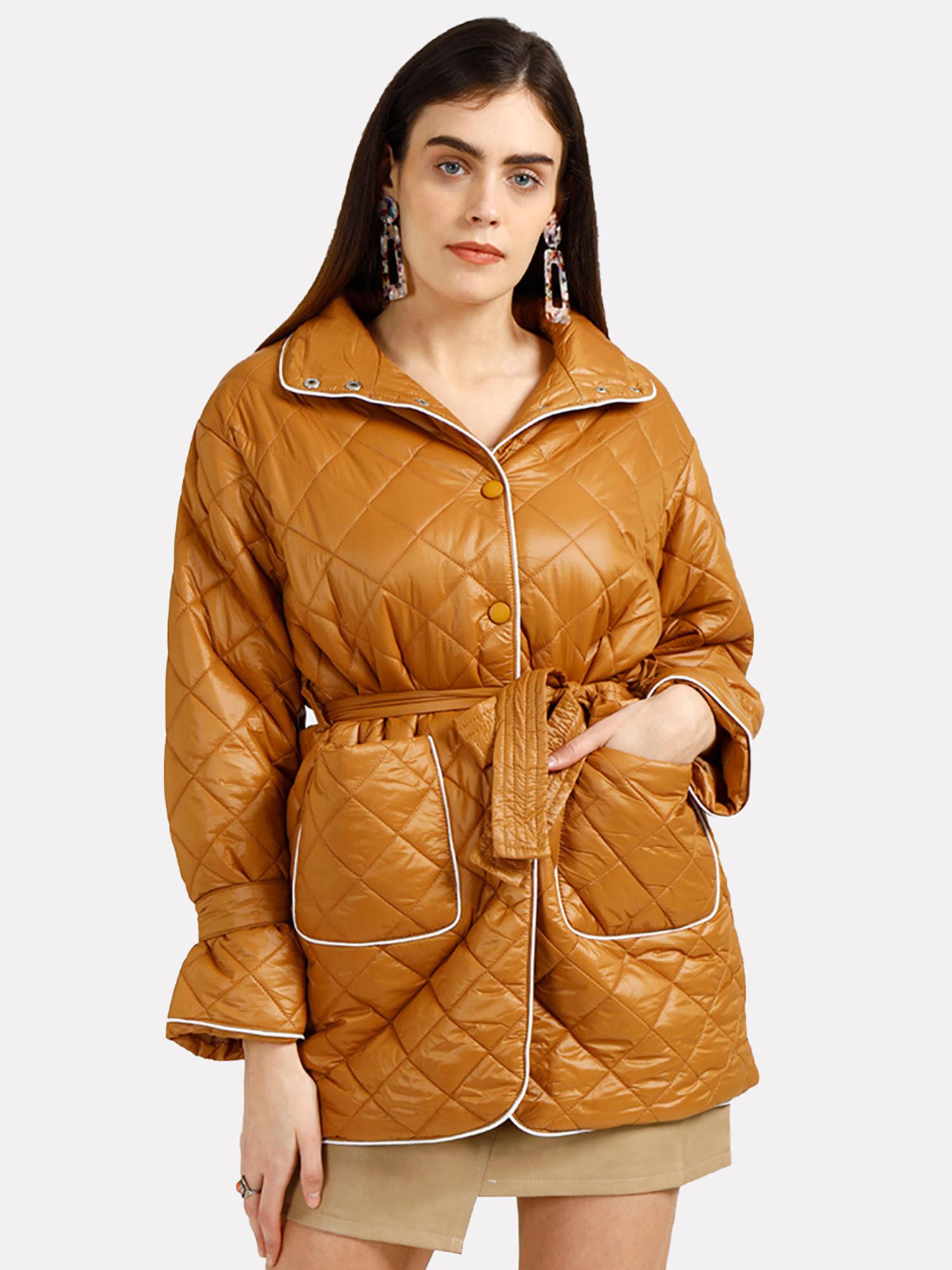 brown solid plain diamond quilted contrast piping belted coat