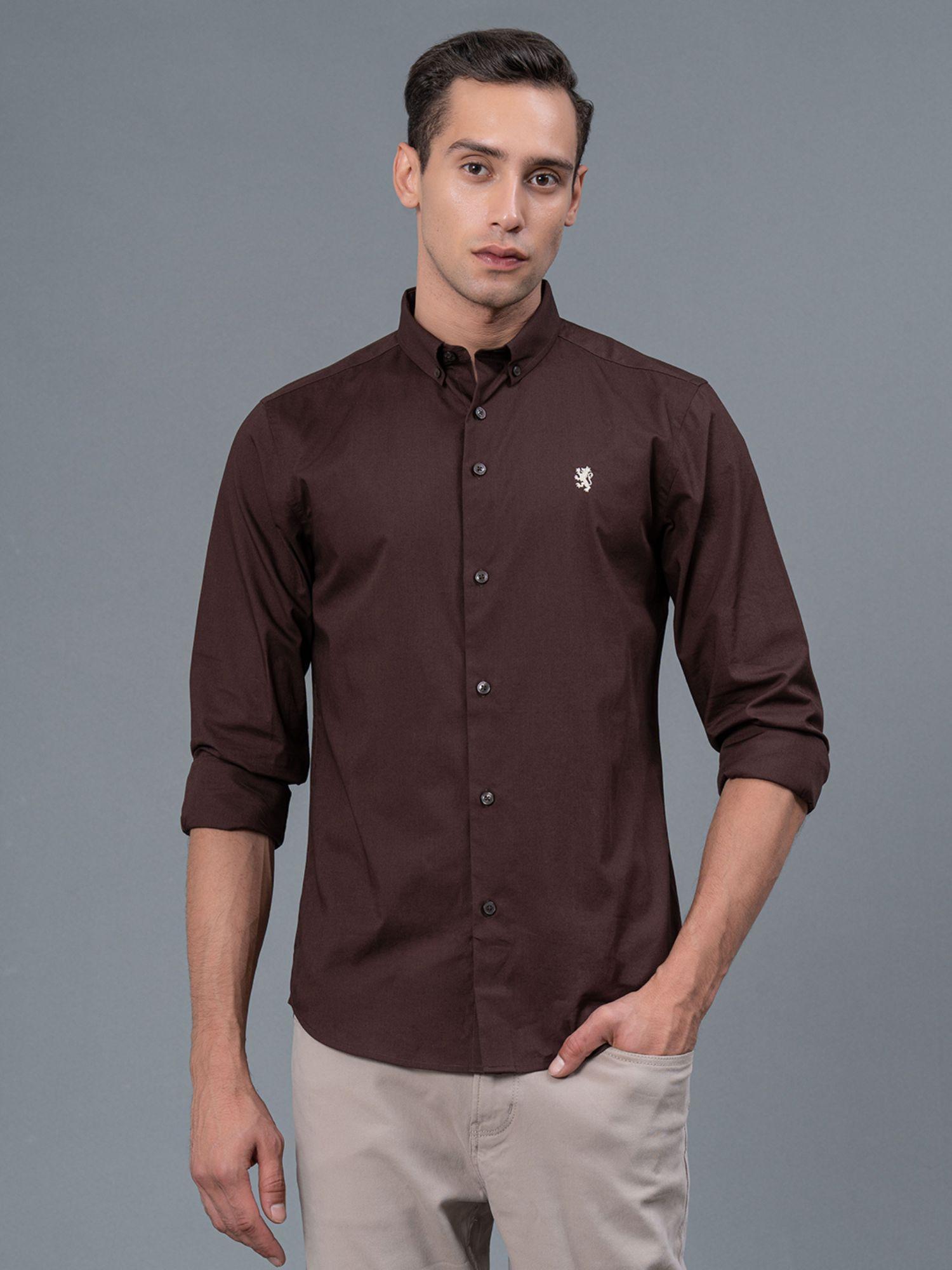 brown solid pure cotton men shirt