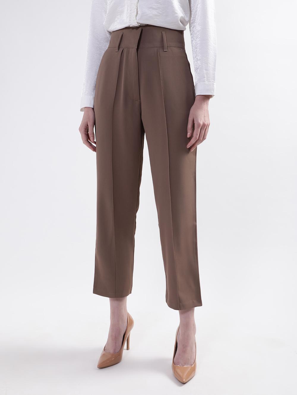 brown solid regular fit trouser
