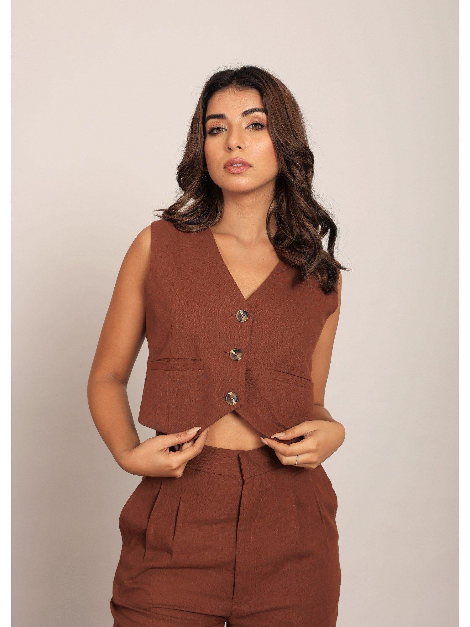 brown solid relaxed 2 pockets waistcoat