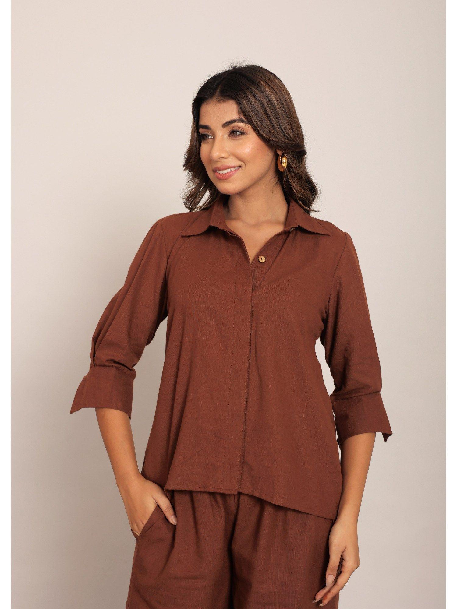 brown solid relaxed front collar shirt