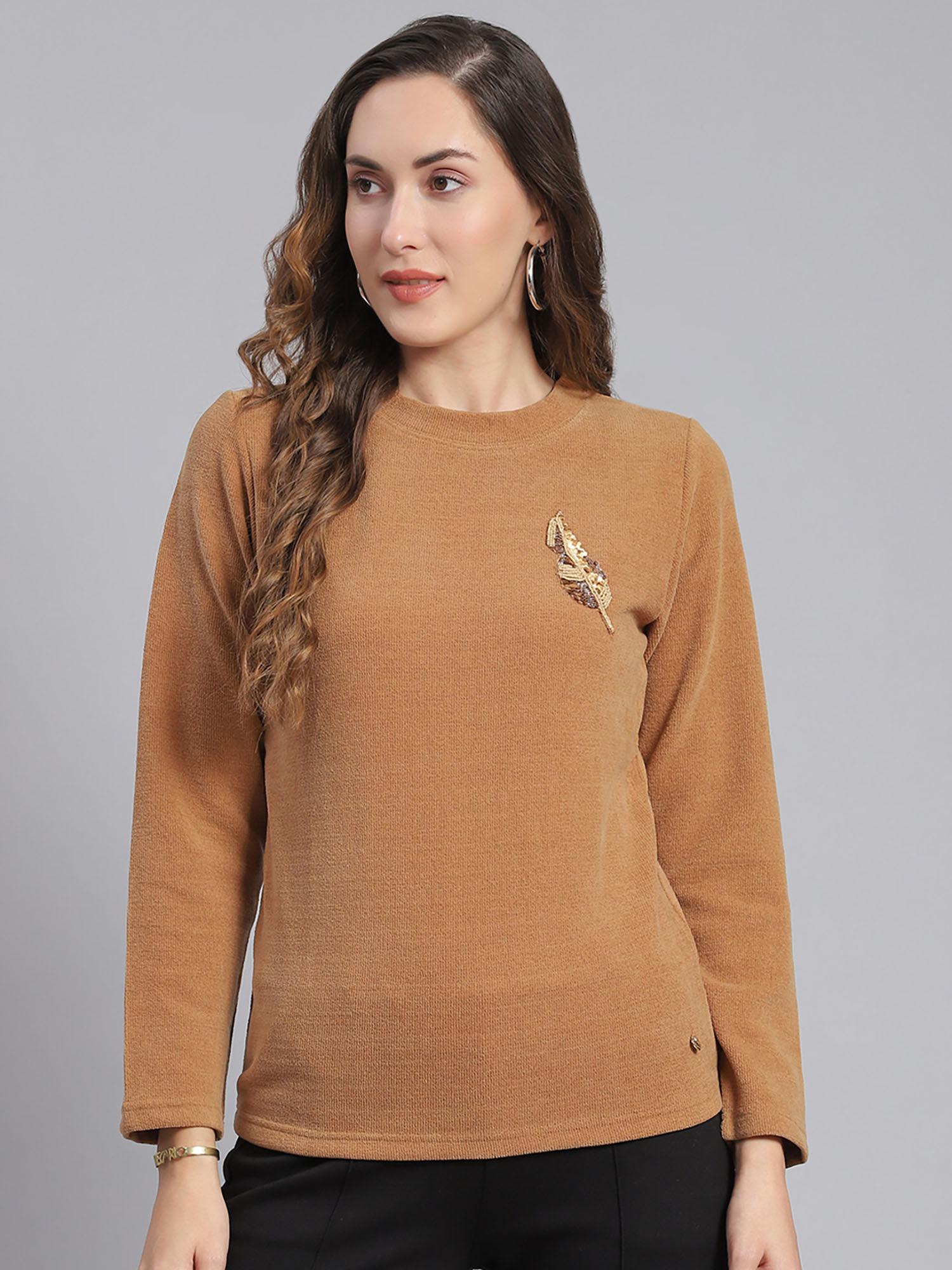 brown solid round neck full sleeve sweater