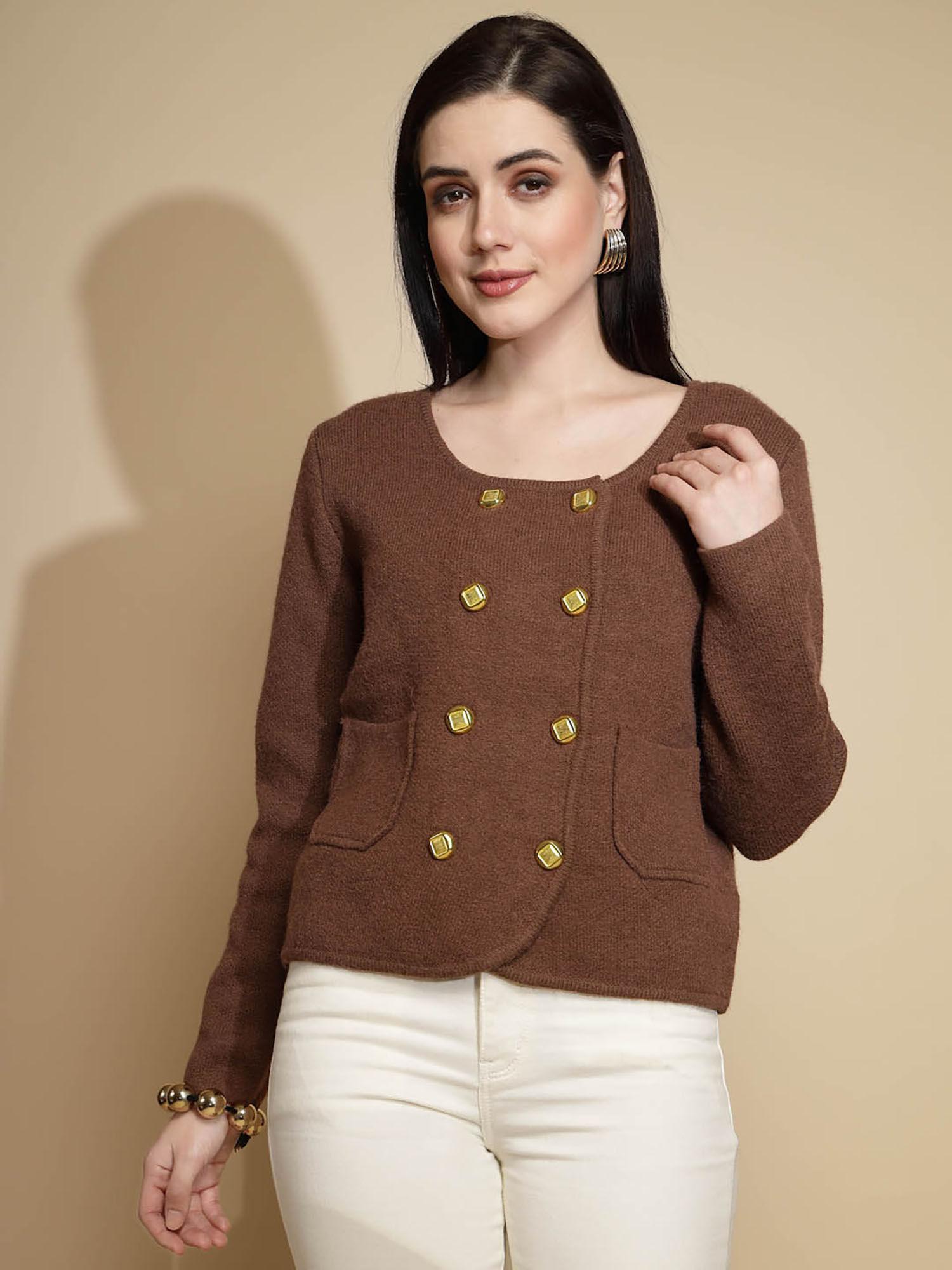 brown solid round neck winter pea coat