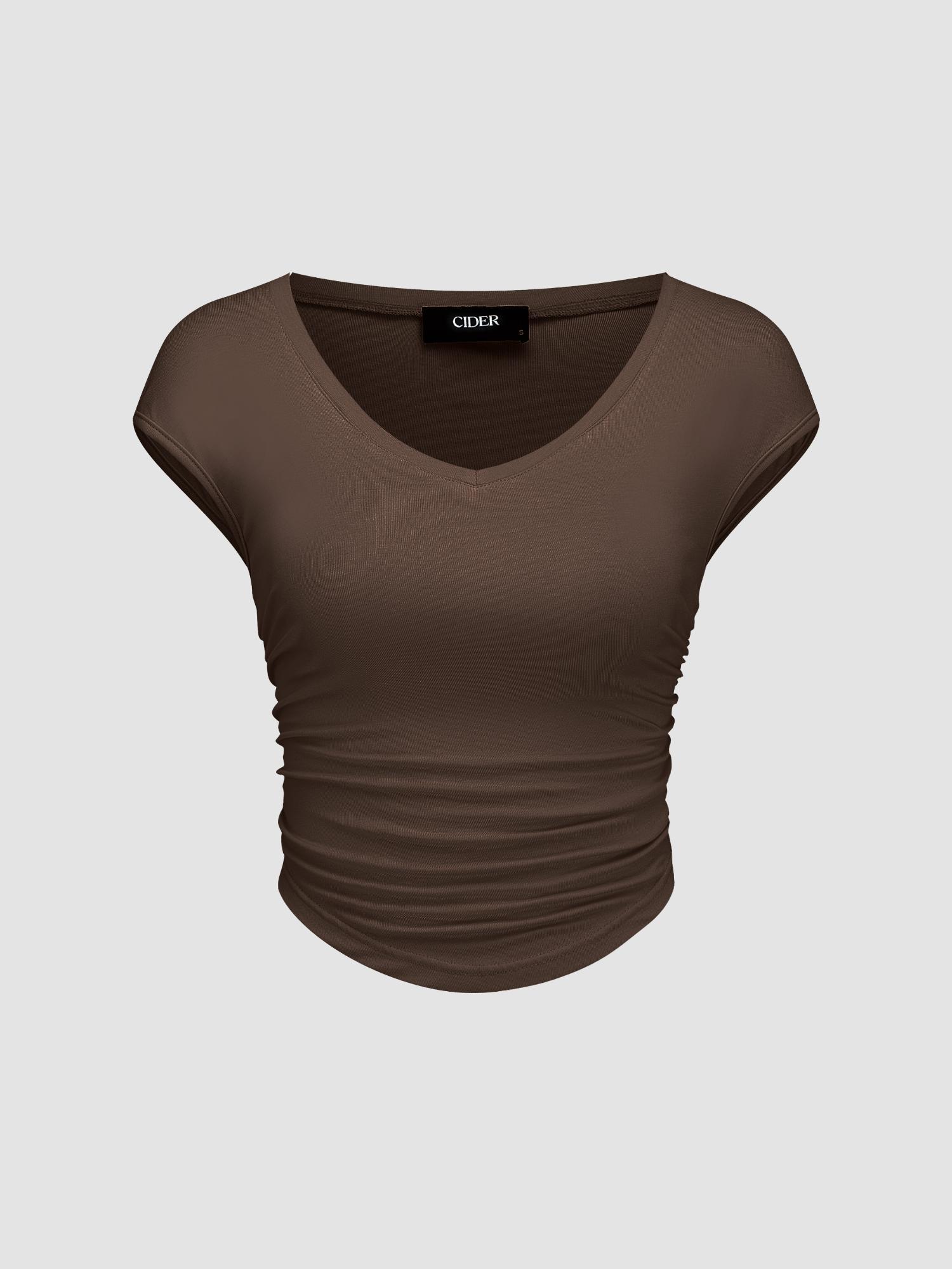 brown solid ruched short sleeve top