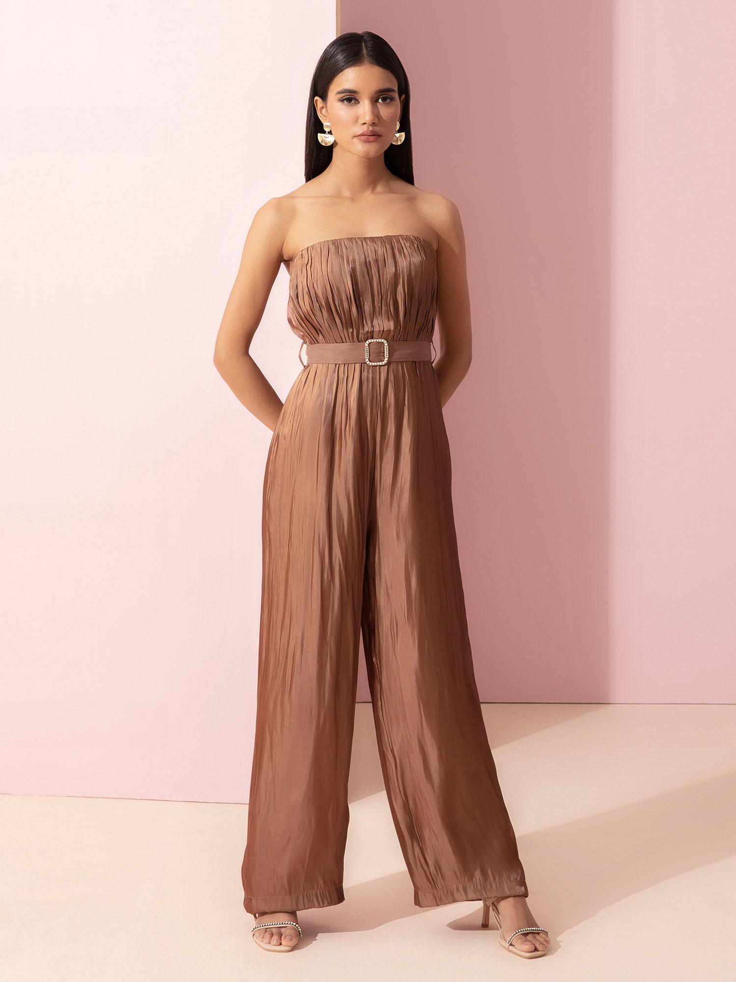 brown solid strapless tube jumpsuit with tube