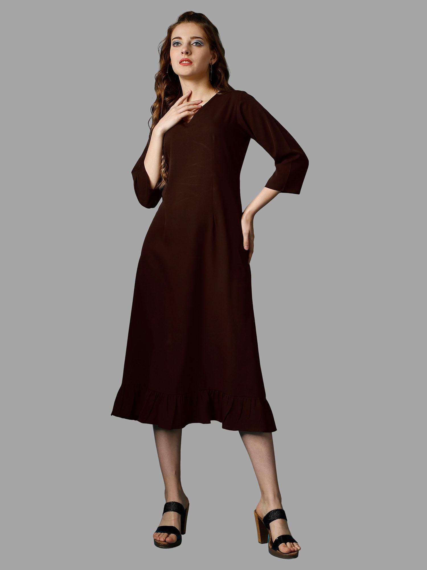 brown solid three fourth sleeves midi dress for women